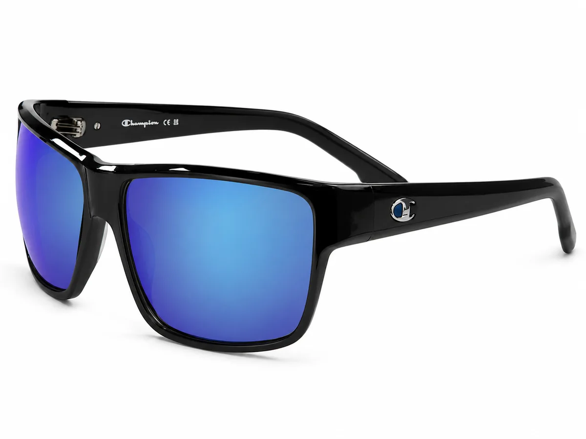 Lentes de sol Champion CHS-02 C3, modelo rectangular deportivo negro con lente azul espejado