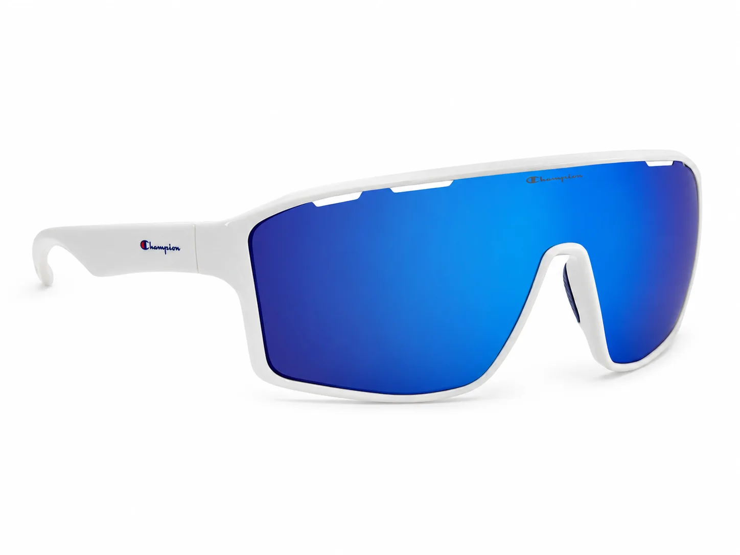 Vista diagonal real de los lentes de sol Champion CHS-10 C3 blancos con lente azul espejado